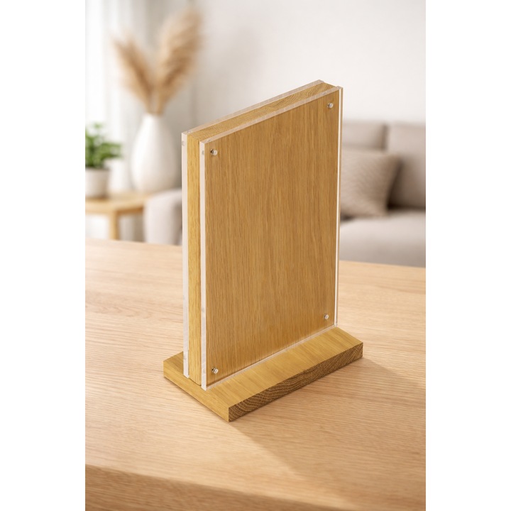Suport afisare transparent cu 2 fete, inchidere magnetica cu spate din lemn masiv de stejar, 13 x 18 cm, Format Vertical