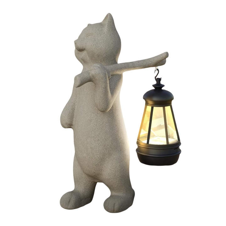 Kerti figura, Mikilov, macska, szolár lámpa, 25 cm, bézs, szett