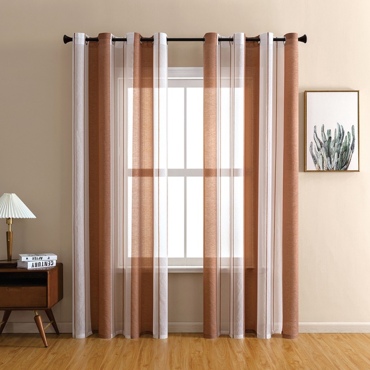 Texturált Függönyök Függőleges Csíkokkal, 2 Paneles Szett, 140cm x 225cm, Vörösesbarna