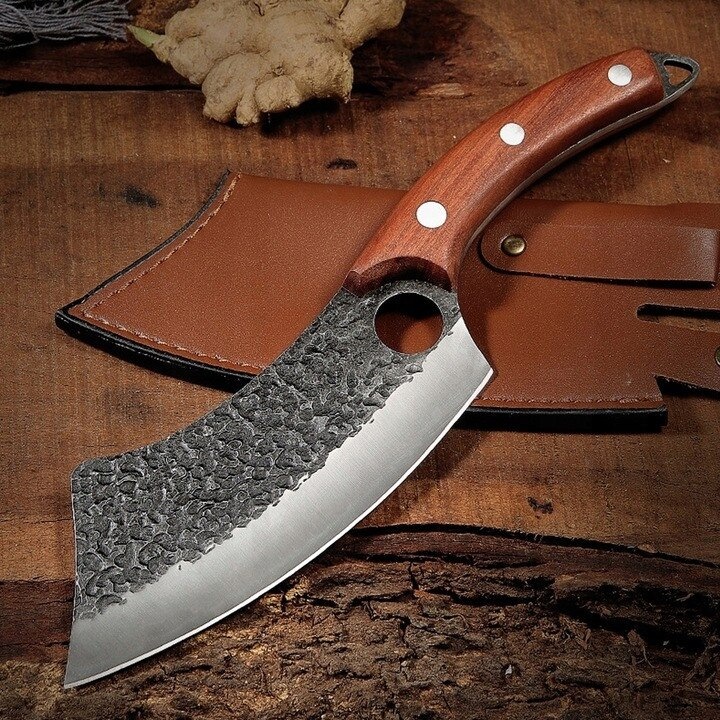 B-SQUL professzionális ívelt konyhakés, japán modell, 29.5 cm, 17 cm acél penge, fa nyél, tok mellékelve, Chef/Butcher Knife