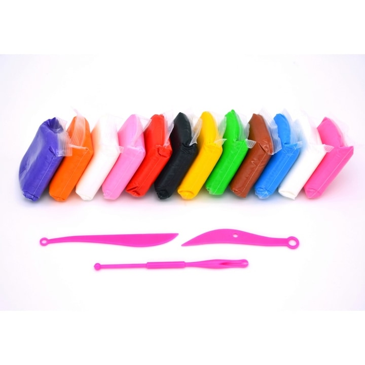 Set plastilină inteligentă PinkBlue Air Dry Clay, 12 culori vibrante, 3 accesorii, non-toxic, 3+ ani