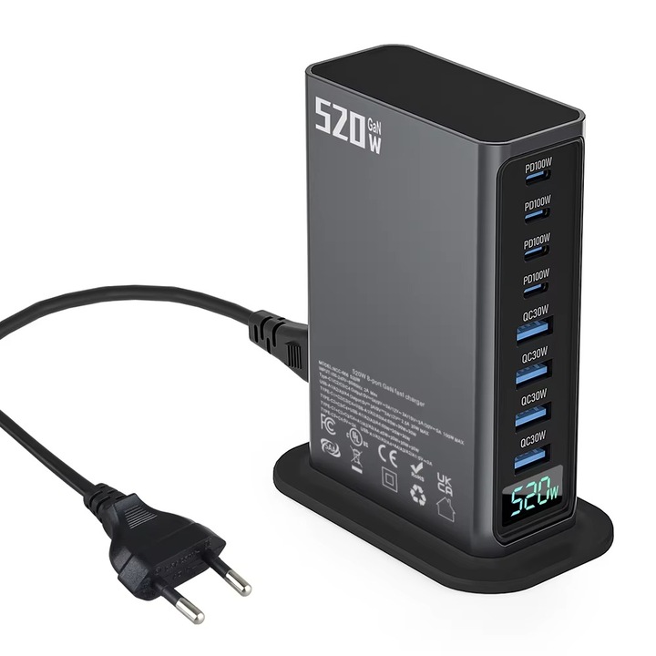 Statie de Incarcare GaN 520W DREVOX, 8 Porturi, 4 x USB-C 100W, 4 x USB-A 30W, Display Digital, Lungime Cablu 1.5m, Gri