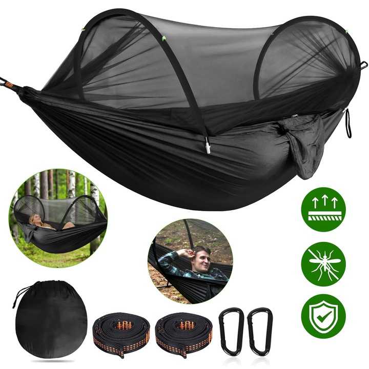 Hamac De Camping Ultra-Usor, Plasa Anti-Insecte, 275 x 140 cm, Capacitate De Incarcare 300 kg, Nailon Tip Parasuta Cu Uscare Rapida, 2 Carabiniere, 2 Curele De Prindere, Pentru Drumetii In Aer Liber
