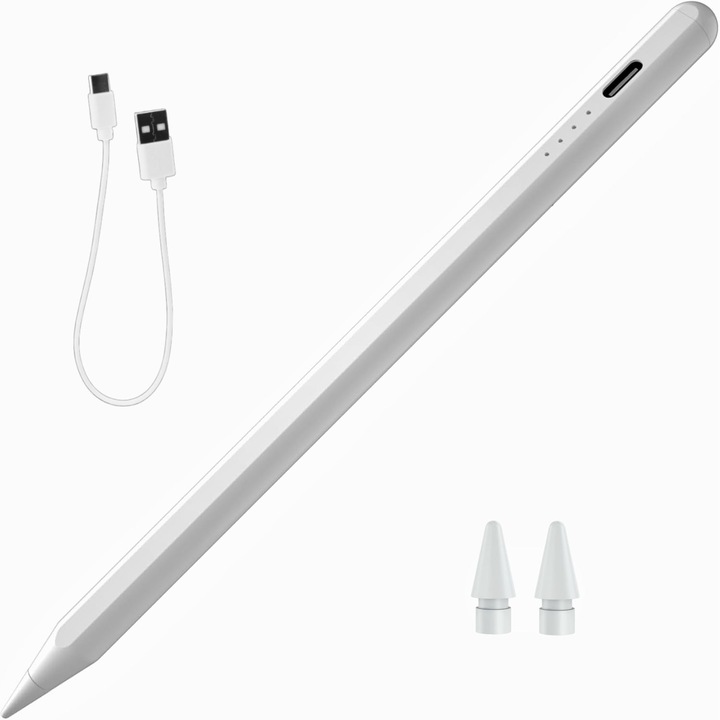 Stylus Pen, Universal pencil pentru tableta iPad 2018-2025, Compatibil cu Android si Ios, Penite anti-Zgarieturi, Palm Rejection, Fara Intarziere, Incarcare Rapida, Atasare Magnetica, Alb