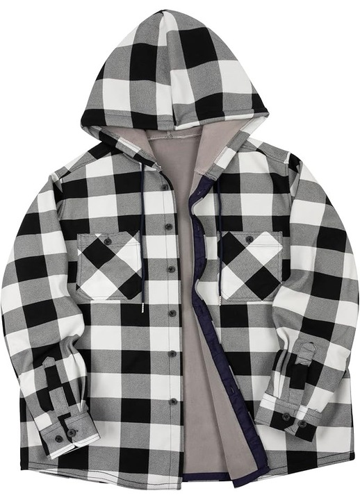 Cămașă gri cu carouri pentru bărbați, WHCPCYO, 2XL, flanel, fermoar, buzunare cu capse