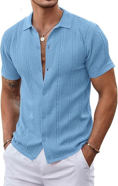 bărbați, albastră, stil Cuban/Hawaiian, maneci scurte, Albastru deschis
