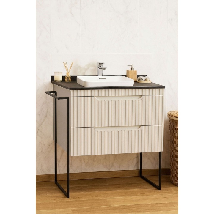 Set mobilier de baie MDF, baza cu blat compozit si lavoar ceramica, BadenMob, Seria 633, cu Sertare, Cadru metalic, 80x94x46cm, Crem