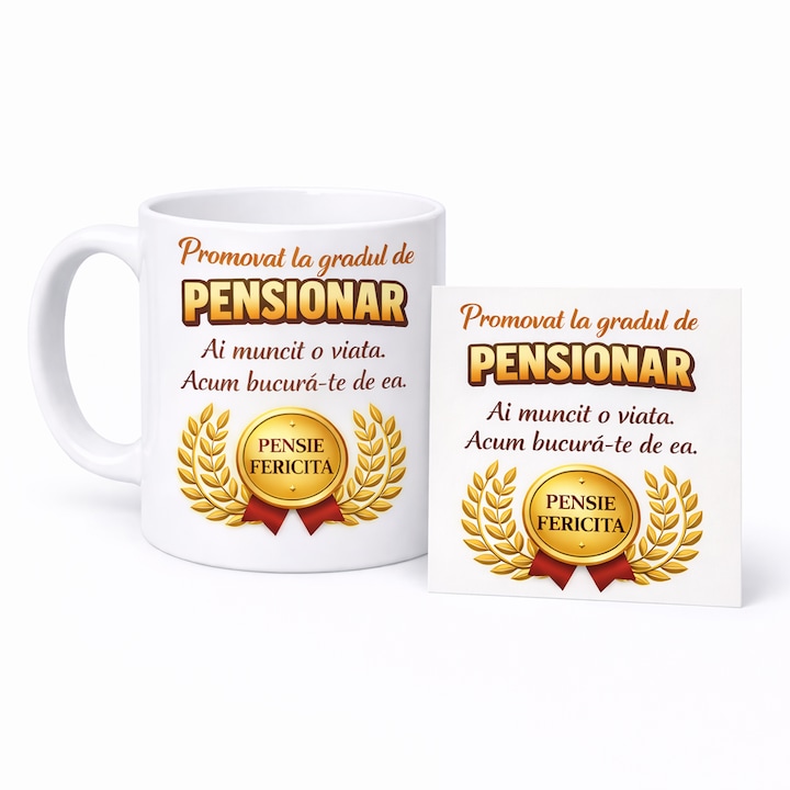 Set Cadou Pensionare, Cana Ceramica 330 ml si Felicitare Personalizata, Design Premium, Mesaj Promovat la Gradul de Pensionar