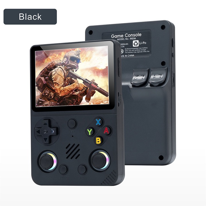 Consola portabila de jocuri RG36 PRO, ecran IPS 3.5”, joystick-uri 3D duale, iluminare RGB, jocuri retro, ideala pentru copii si adulti-Consola de jocuri portabila, Negru