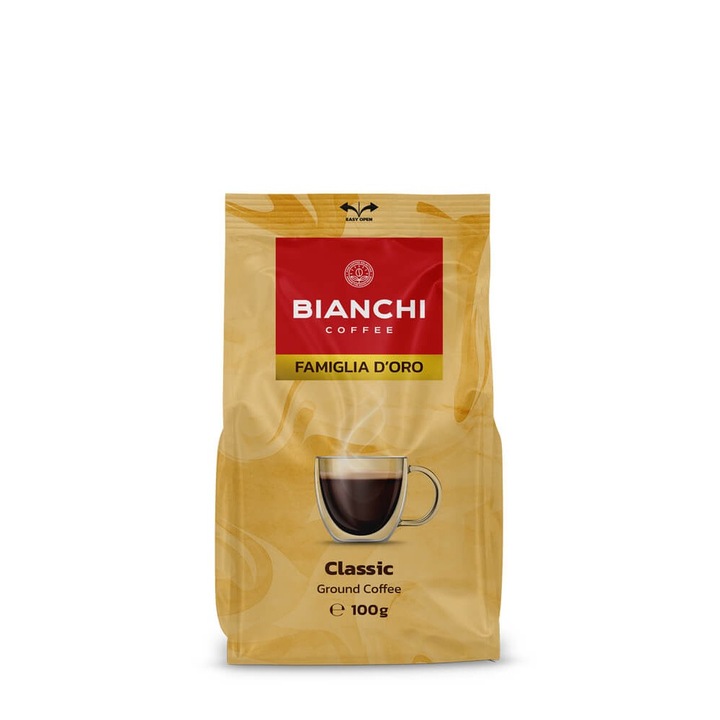 Bianchi Coffee őrölt kávé, Famiglia d'Oro, 100g, Arabica és Robusta keverék, intenzív íz, gyümölcsös és virágos jegyek, közepes pörkölés, intenzitás 4/6