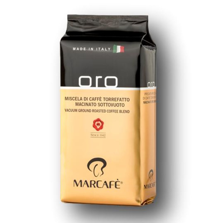 Cafea macinata Marcafe, Oro, 250g, Robusta 100 %, gust intens, note fructate si florale, prajire medie, intensitate 7/8