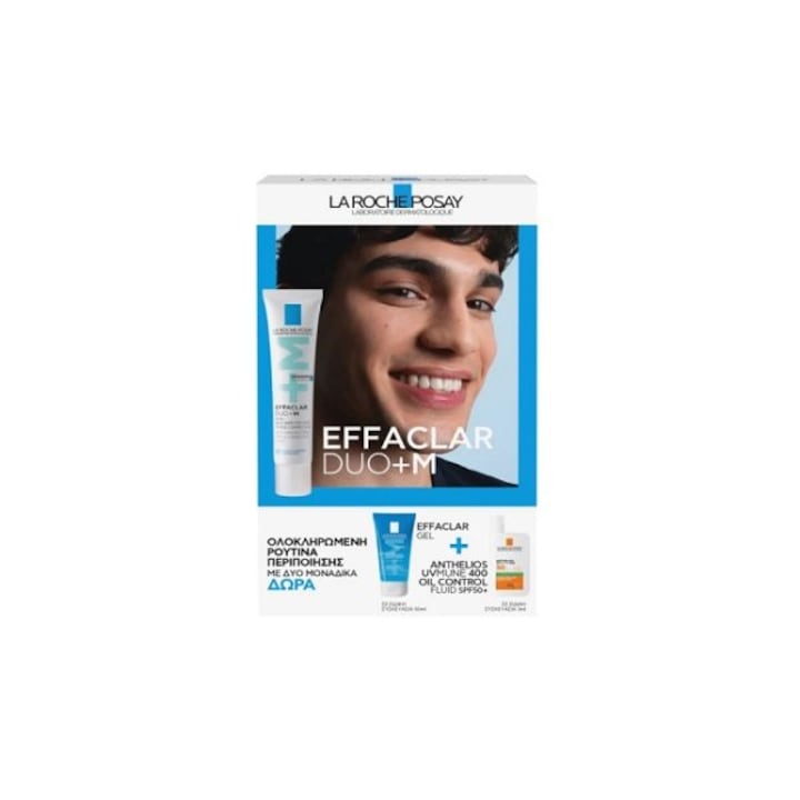 Set ingrijire ten gras La Roche-Posay Effaclar Duo+M 40ml, Gel de Curatare 50ml, Fluid Anthelios SPF50+ 3ml, protejeaza si curata