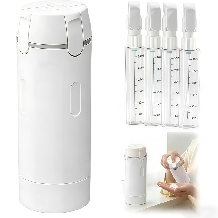 Set Sticle Voiaj 4 in 1 MDUG, Dispenser Portabil Rotativ, 4 x 40ml, Anti-Scurgere, Alb