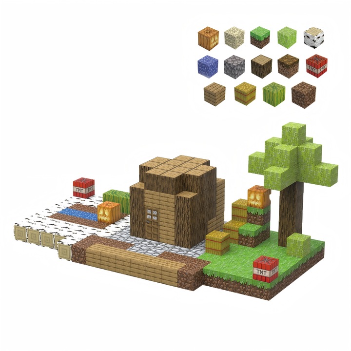 192 buc. blocuri de constructie magnetice Minecraft, blocuri magnetice cu tematica de sat in stil pixel, potrivite pentru baieti si fete, jucarii si cadouri de constructie DIY