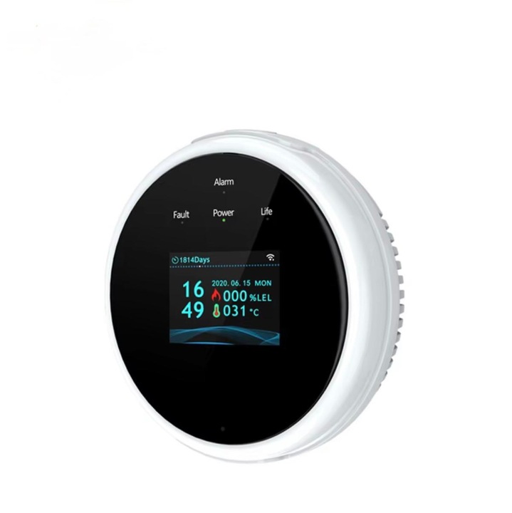 WiFi gázszivárgás érzékelő, LCD kijelző, alkalmazás értesítés, fehér