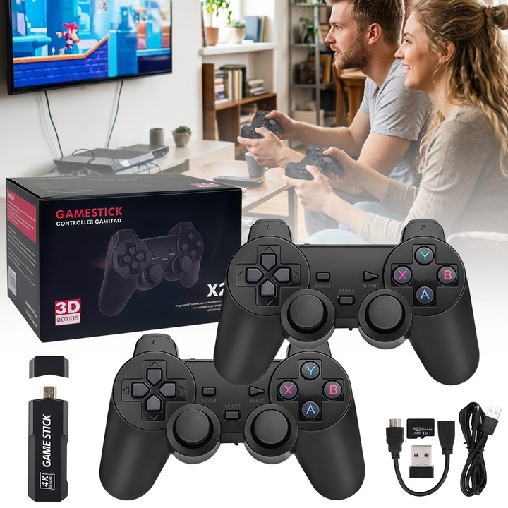 Set Consola jocuri tip stick Wacorresi®, Consola de jocuri retro, Suport 2 jucatori, Cu 2 controler wireless, iesire HDMI 4K, 64G, 30000 de jocuri incorporate, erare usoara si de transportat, Plug si Play, Pentru TV, Proiector, Monitor, Negru