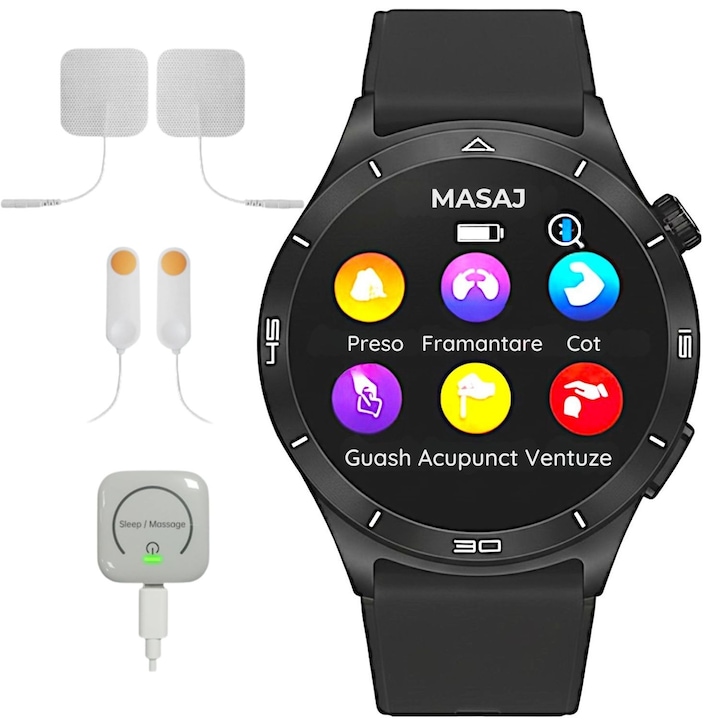 Ceas Smartwatch PHOENIX RINASCENTE® cu Functie Masaj, CES Sleep, Tensiune Arteriala, Puls, SpO2, Glicemie, Temperatura, ECG, Apeluri Bluetooth, Moduri Sport, Monitorizare Somn, Monitorizare la Distanta, Buton SOS, Acid Uric, Ecran AMOLED 1.43” HD, Negru