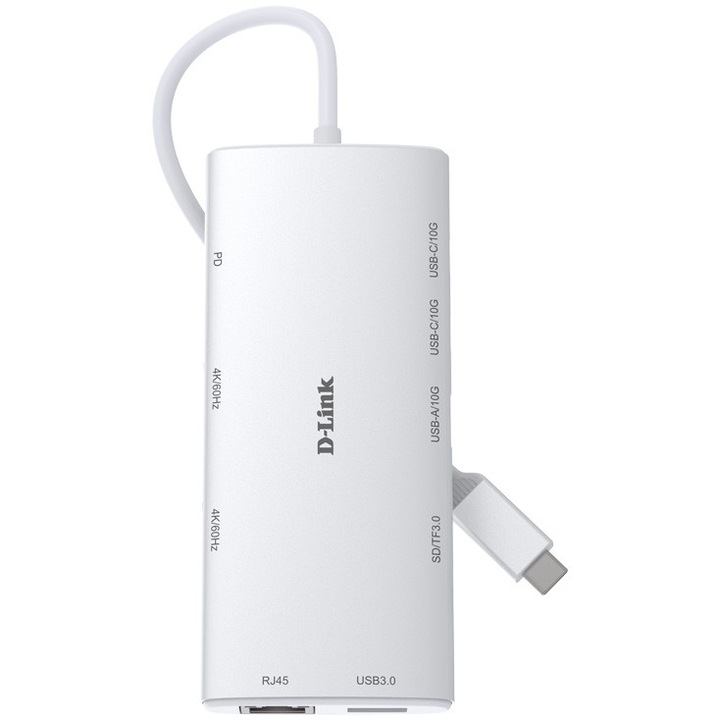 Докинг станция D-Link, DUP-A01, 10-в-1, Свързване към компютър Type-C, Портове: четец на SD/microSD карти, 2 x USB, 2 x USB Type-C, 2 x HDMI 2.0, 1 x USB Type-C 4.0 с DP 1.4, 1 x Gigabit RJ45, USB Type-C кабел 50 см, Бял