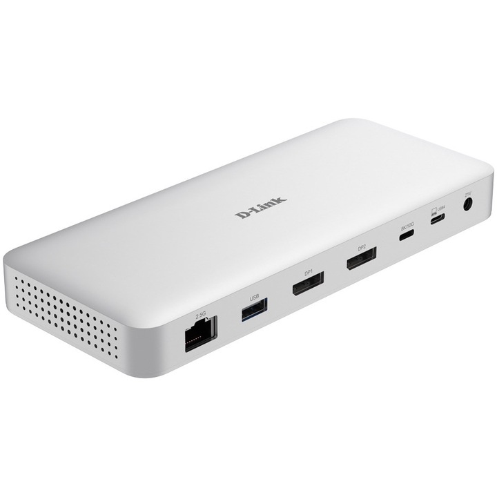Докинг станция D-Link, DUF-901, 9-в-1 USB 4, Свързване към компютър Type-C, Портове: 2 x USB, 2 x USB Type-C 4.0, 2 x DP 1.4, 1 x USB Type-C 4.0 с DP 1.4, 1 x RJ45 (2.5 Gbps), USB Type-C кабел 50 см, Бял