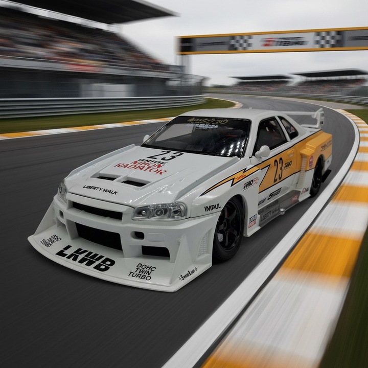 Macheta Auto de Colectie, Die-Cast, Scara 1:24 - Nissan Skyline GT-R R34 "Liberty Walk" - Edition Racing No. 23 (Sunet, Lumini, Suspensie, Pullback)