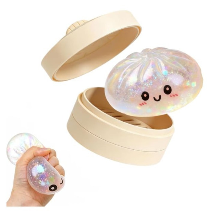 Squishy Dumpling Glitter in Cutie, Jucarie Antistres Tip Bao, Culoare Aleatorie, Model Kawaii, 10 cm