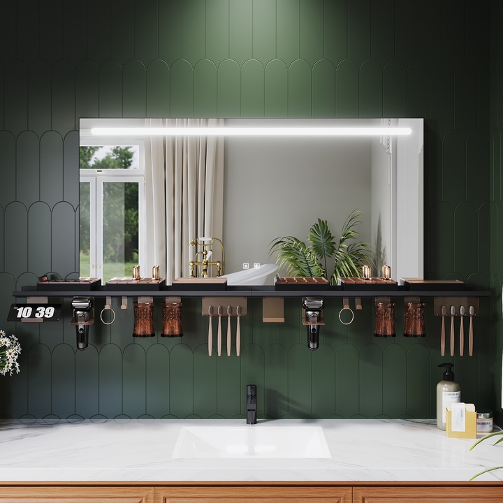 Oglinda de baie SONNI, cu rafturi de 160 cm, iluminare in partea superioara, 3 temperaturi de culoare, functie de dezaburire, 120 x 60 cm