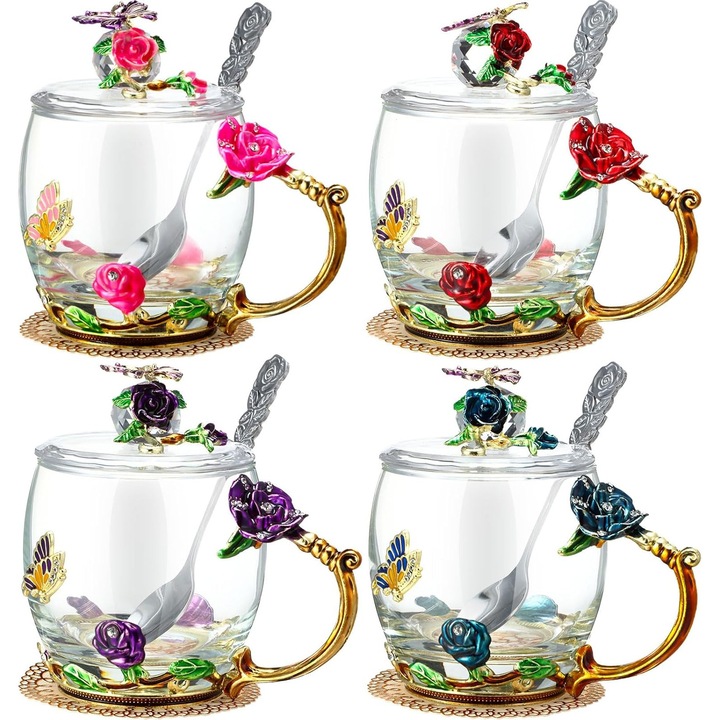 Set de 4 cesti din sticla cu flori, cu capac si lingurita, cani vintage din sticla cu model fluture, elegante, transparente, pentru ceai sau cafea, cadou ideal