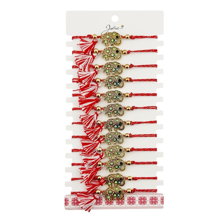 Martisor Karkötő Bojttal Hölgyeknek, Jolie, Elefánt Modell Színes Kövekkel, 12 darabos Szett, Rozsdamentes Acél Medál, Állítható Zsinór, Piros/Fehér