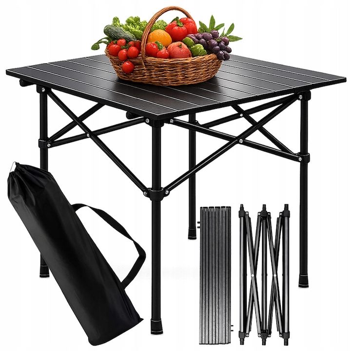 Masa camping pliabila, Zola, impermeabila, picioare antiderapante, geanta transport, otel, 53 x 50 x 50 cm, neagra