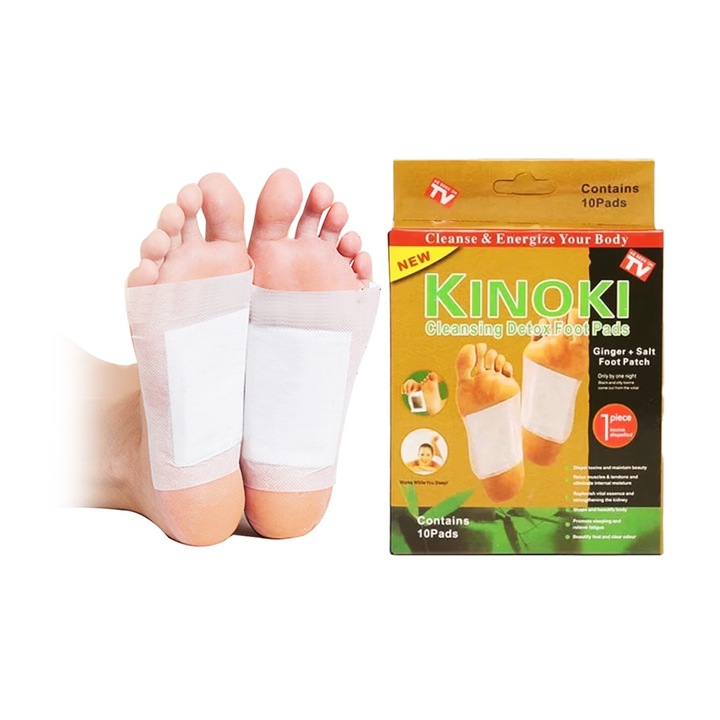Set 10 plasturi detoxifianti Kinoki pentru talpi, cu ghimbir si sare, ingrediente naturale, utilizare noaptea, 12x10cm, auriu