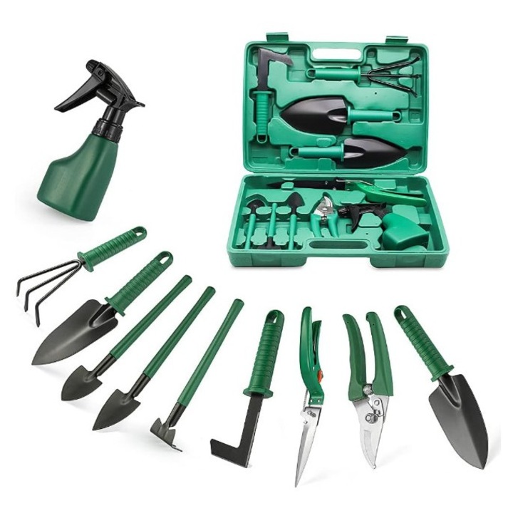 Set unelte gradinarit 10 piese, inox si plastic, cu cutie depozitare, maner ergonomic, verde, HAPPY JOKER®