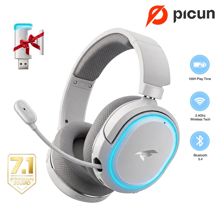 PICUN G2 vezeték nélküli gamer fejhallgató, 7.1 térhangzás, 2.4GHz + Bluetooth + kábel, alacsony késleltetés