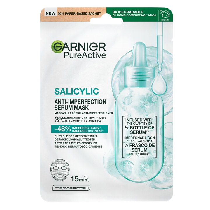 Masca-servetel Garnier Pure Active Salycilic pentru ten cu imperfectiuni, 23g