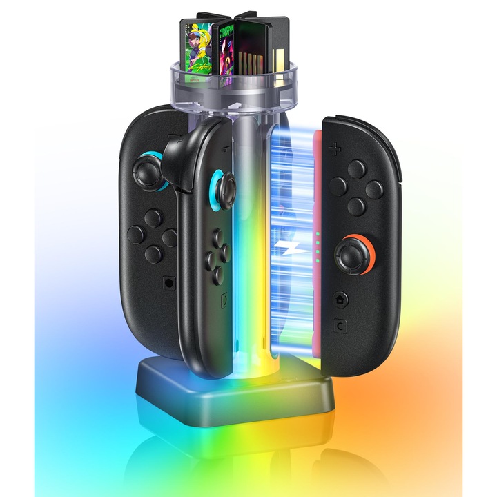 Statie de incarcare compatibila cu Joy-Con pentru Nintendo Switch 2, statie de incarcare pentru controlerul Nintendo Switch 2 cu iluminare RGB si indicator LED