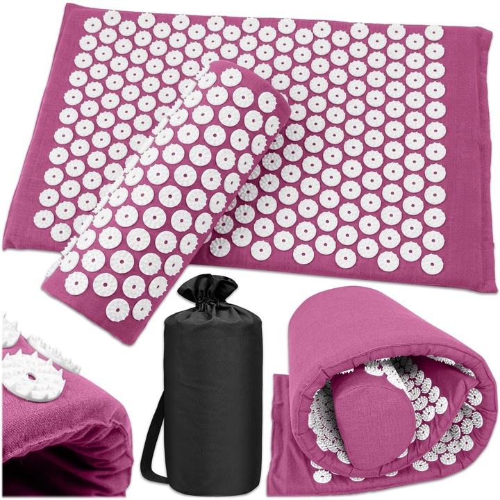 Akupresszúrás szett párnával, 60x39 cm, masszázsszőnyeg tüskékkel a relaxációhoz, nyak- és háttámasz, otthoni wellness kiegészítők, hordtáskával, Rózsaszín KRUMAD