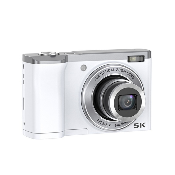 Aparat foto digital HD cu zoom optic, stabilizator de imagine, focalizare automata cu urmarire, zoom 10x, camera duala fata-spate, 56 de milioane de pixeli, ecran de 2, 88 inci, alb
