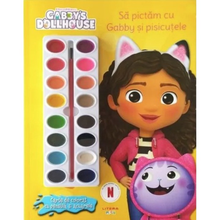 Gabby's Dollhouse, Sa pictam cu Gabby si pisicutele, Carte de colorat cu pensula, acuarele, 6 ani