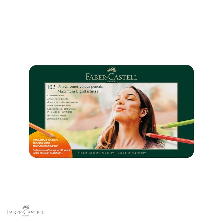 Set 102 creioane colorate Faber-Castell Polychromos, cutie metalica, pentru artisti profesionisti