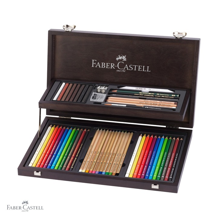 Cutie lemn Faber-Castell Compendium, set 36 creioane artist Polychromos, Pitt Pastel si Albrecht Durer, pentru artisti profesionisti