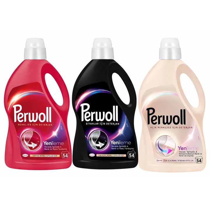 Detergent lichid Perwoll, set 3x3, pentru rufe negre, albe și colorate, 2, 97L, formula antialergică