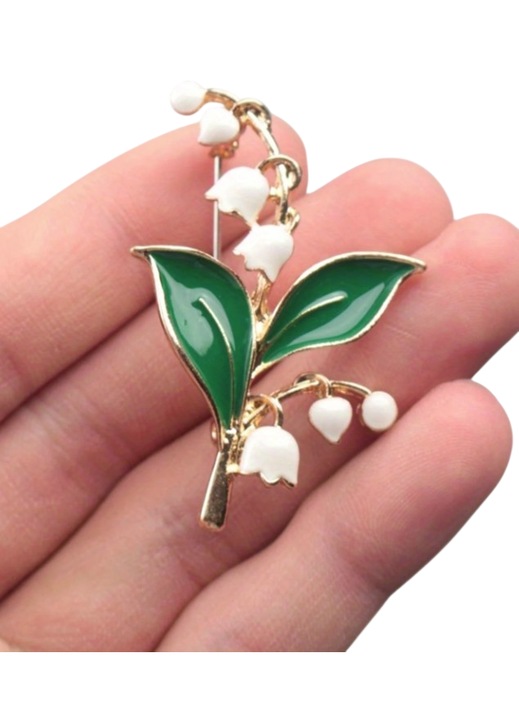 Vintage gyöngyvirág bross, fehér és zöld, 5.2x3.4cm