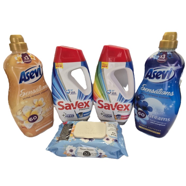 Set detergenți rufe Savex premium color 1.08l, Savex premium white 1.08l, balsam rufe Asevi Golden Sensation 1.44l, Asevi Dreams Sensation 1.44l, 64 servetele umede