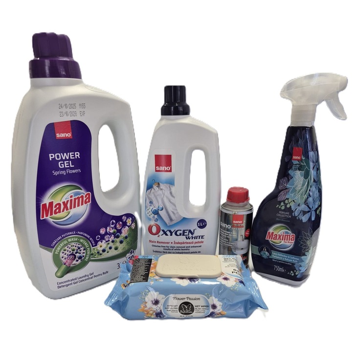 Mosószer csomag, Sano, Maxima gél 3l, folttisztító oldat 1l, öblítő spray 750ml, nedves törlőkendő 64db, ajándék