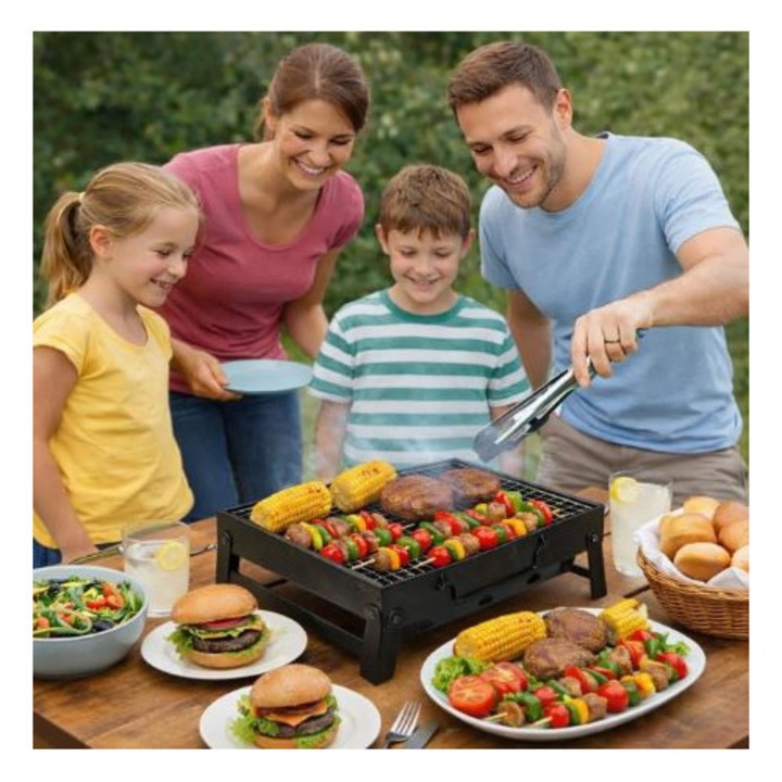 Gratar de Masa Damo® Portabil pe Carbune Pliabil 35.5x27cm din Fier cu Picioare Inaltate pentru BBQ Balcon Terasa Camping Picnic