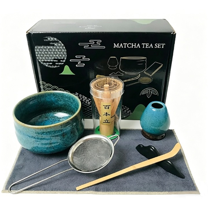 Matcha teáskészlet 7 darabos, AFKSMILE, Teakészítő eszközök, Matcha tálal, Habverő, Habverő tartó, Teáskanál, Teáskanál állvány, Szűrő, Pamut teáskendő, Meleg és finom textúra, Kényelmes fogás, Sima, Kerámia/Bambusz, Kék