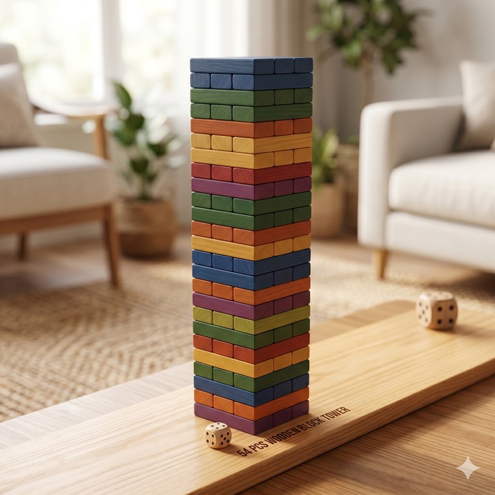 Joc Turn Instabil din Lemn Multicolor, 54 Piese, Include Zar, Joc de Societate si Indemanare, 29x8x8 cm