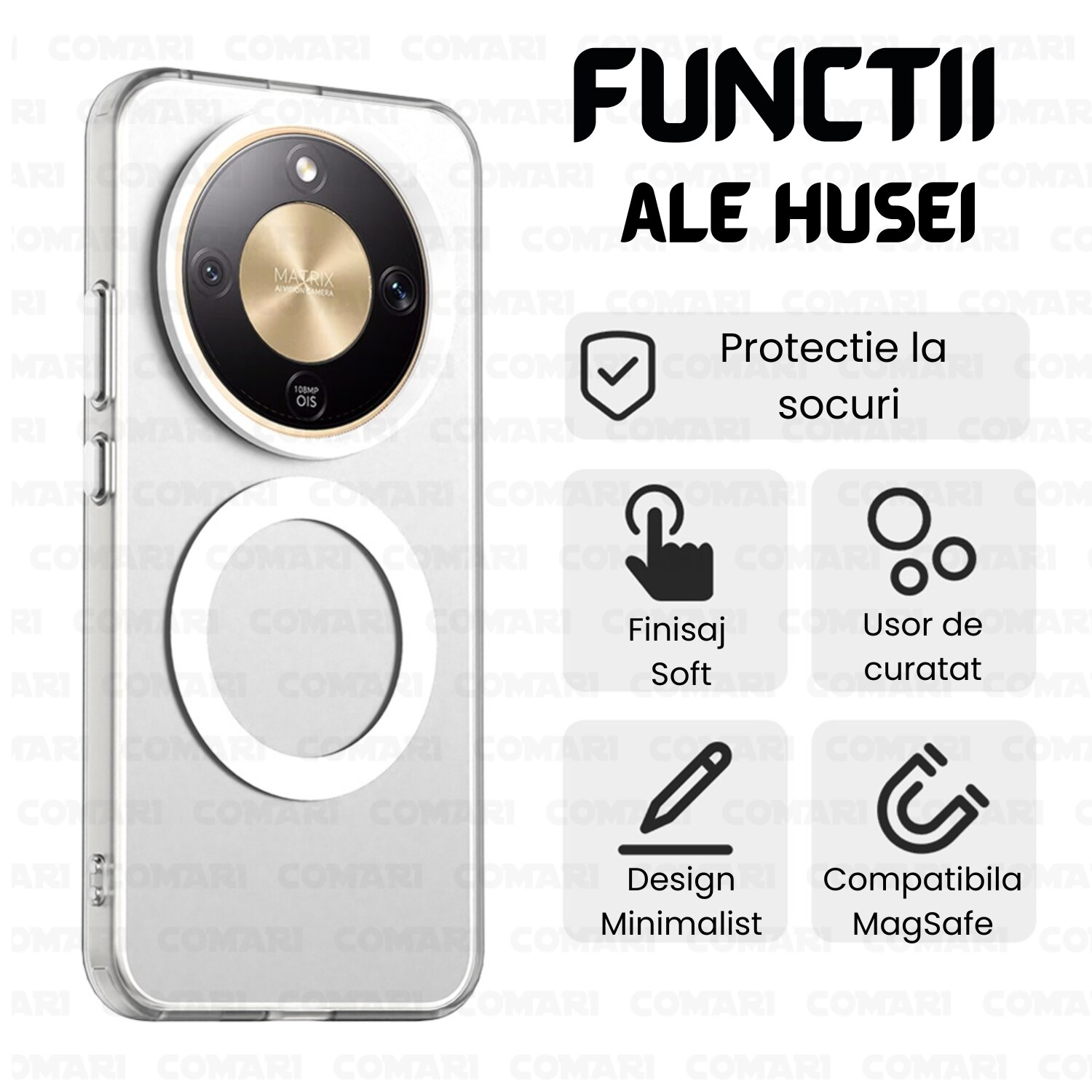 Husa pentru Honor Magic8 Lite Comari® CandyMag, compatibila MagSafe, protectie antisoc, laterale ranforsate, finisaj antiamprenta, Alb
