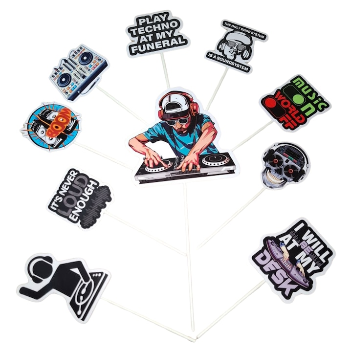 Torta topper dekoráció kartonból, DJ tematika, évforduló - 10 darab