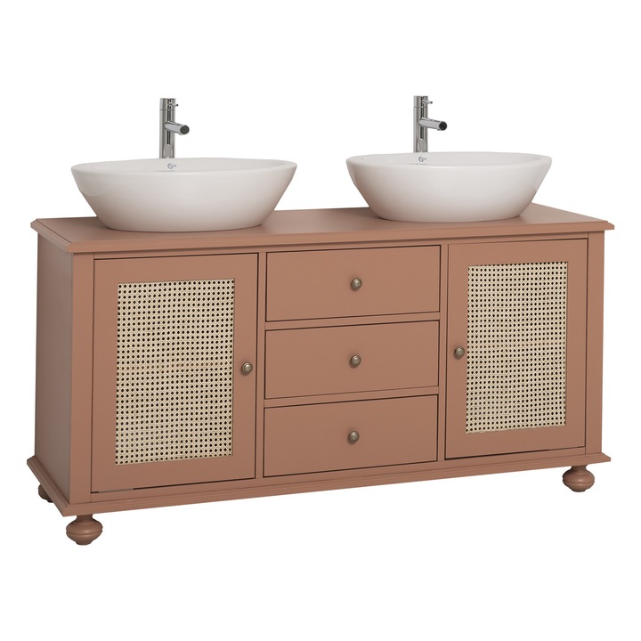 Dulap baie cu ratan pentru 2 lavoare pe blat – lemn masiv + MDF culoare rosu beige, vopsit, 150x51x75 cm