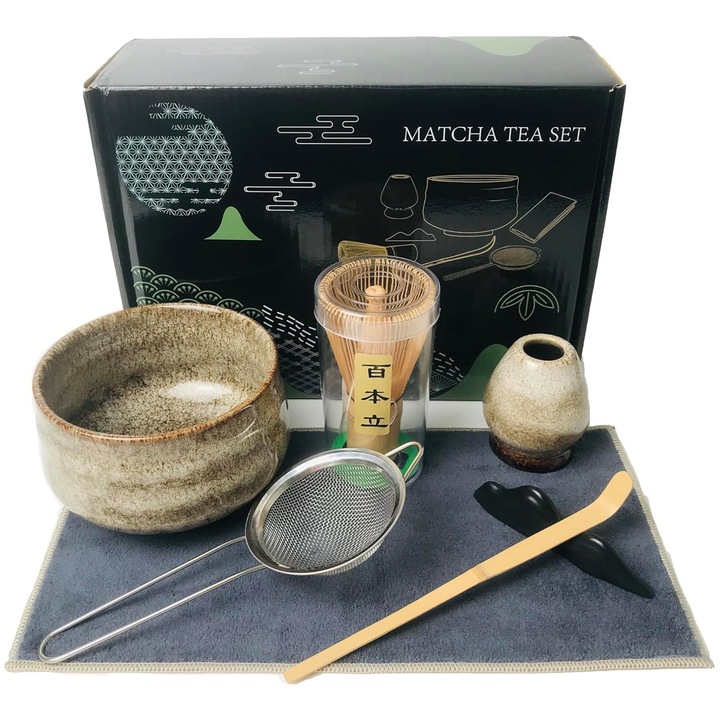 Matcha teáskészlet 7 darabos, AFKSMILE, Teakészítő eszközök, Matcha tál, Habverő, Habverő tartó, Teáskanál, Teáskanál tartó, Szűrő, Pamut teáskendő, Meleg és finom textúra, Kényelmes fogás, Sima, Kerámia/Bambusz, Fehér